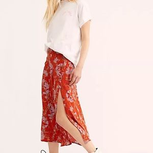 Free People Retro Love Red Orange Purple Floral Button Down Midi Skirt Size 2